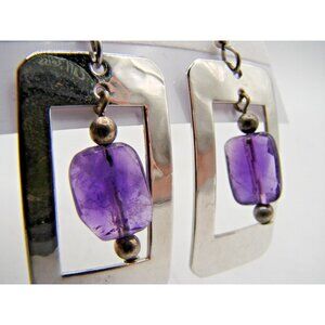 Silver Square Framed Purple Crystal Stone Drop Dangle Earrings Amethyst Flowing